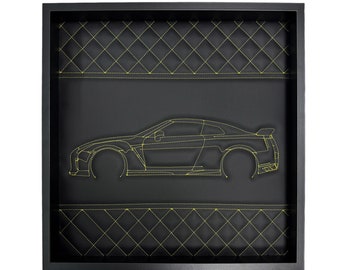 Inspired by Nissan GTR Model : Black Leather Wall Art & Yellow Stitch Luxury Decor
