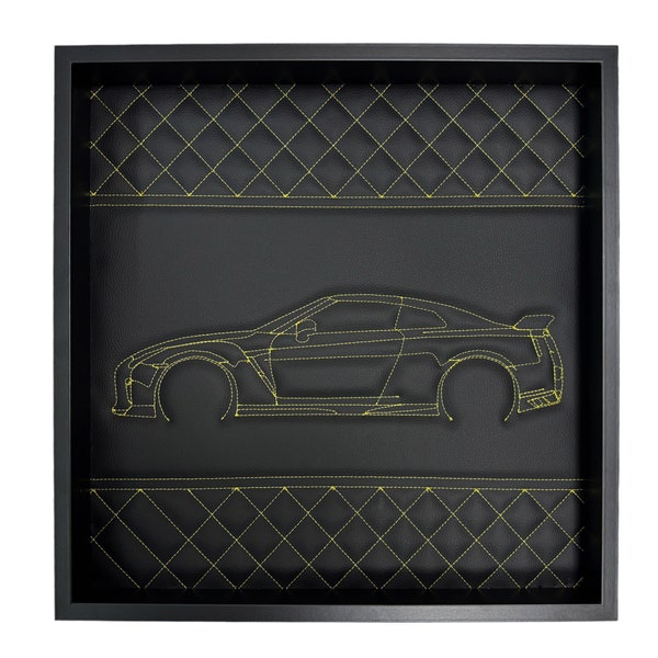 Inspired by Nissan GTR Model : Black Leather Wall Art & Yellow Stitch Luxury Decor