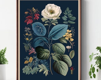 Blue Botanical Print Poster, Vintage Style Wall Art, Antique Style Botanical Print, Botanical Illustration, Blue Flower Art Print Gift