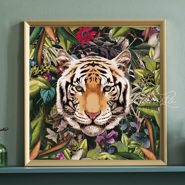 Tigerkopf Druck, Dschungel Poster, Tier Wandkunst, Palmblatt Druck mit illustriertem Tiger, Quadratgröße und Benutzerdefiniertes Format, Tropische Raumkunst