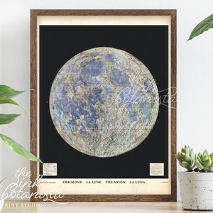 Vintage Moon Print, Full Moon Poster, Astrology Poster, Study Wall Art, Moon Map Print, Antique Style Celestial Print, Space Lunar Poster
