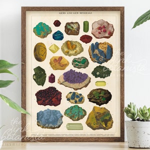 Vintage Gemstones Print, Minerals Vintage Print, Art Poster, Crystals Chart Print, Gemstone Wall Art, Vintage Gems Print, Geology Print