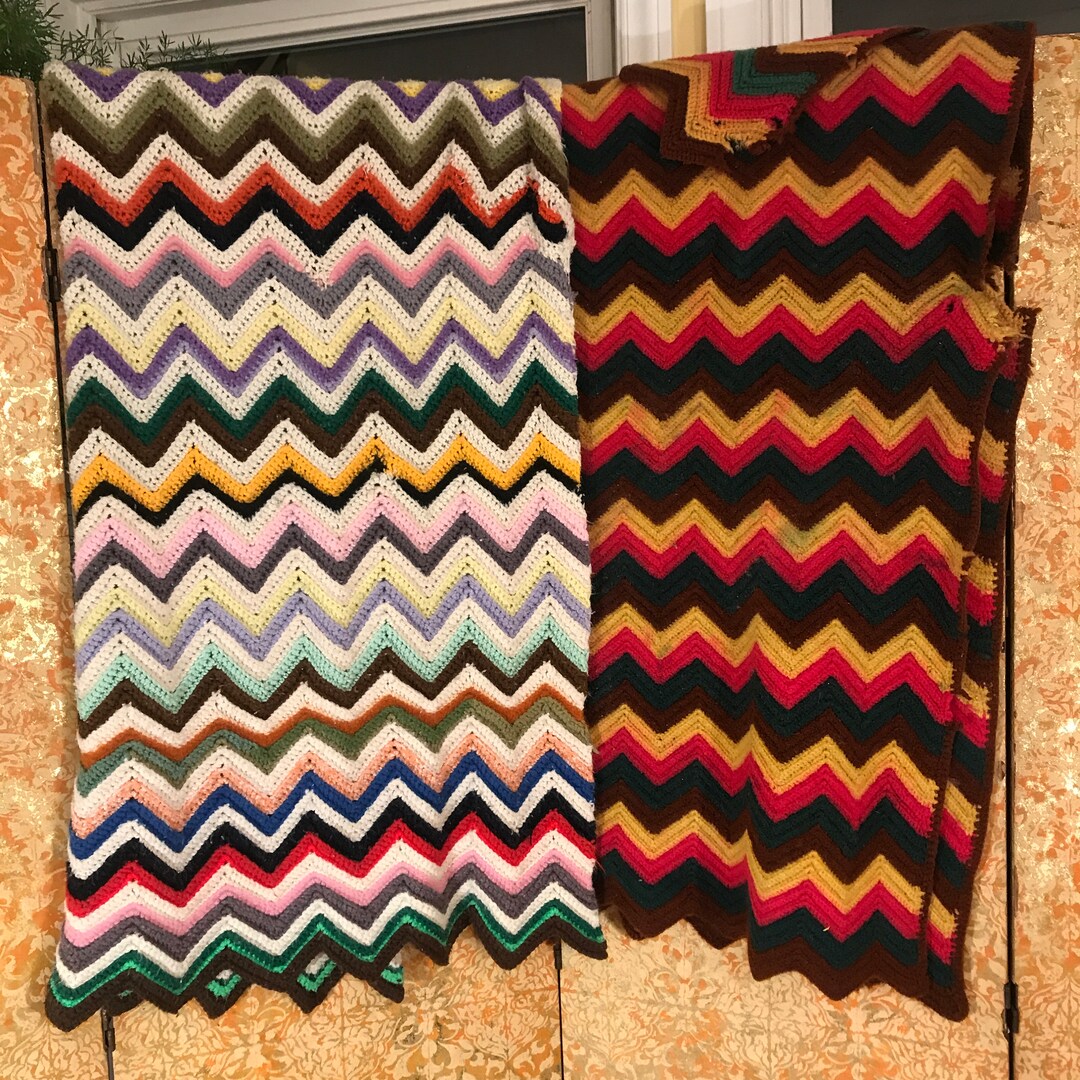 CUTTERS 70s Vintage Afghans Zigzag Throw Blankets Granny Afghan Vintage
