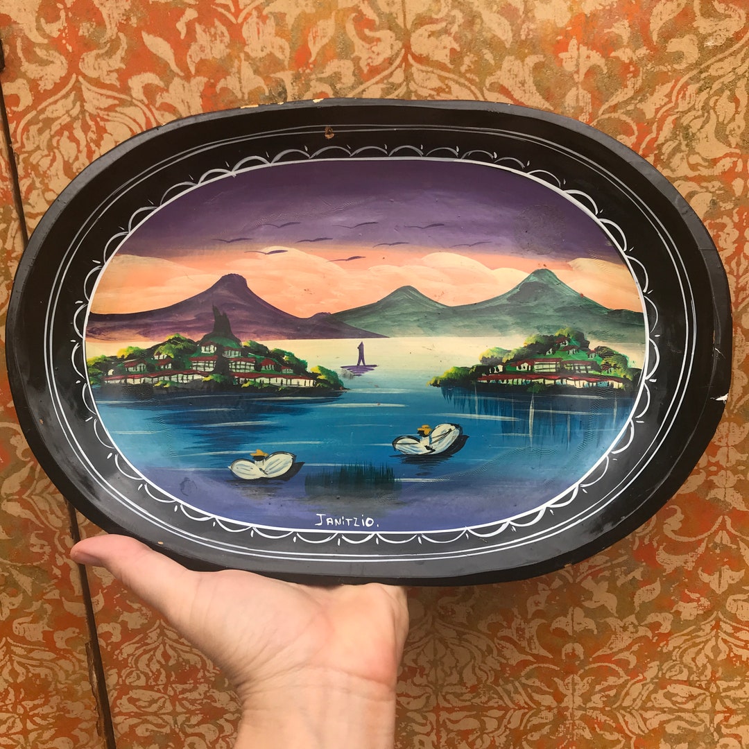 Vintage Lacquer Tray Oval Isla Janitzio Tray 13 Colorful Tray MCM 1960s