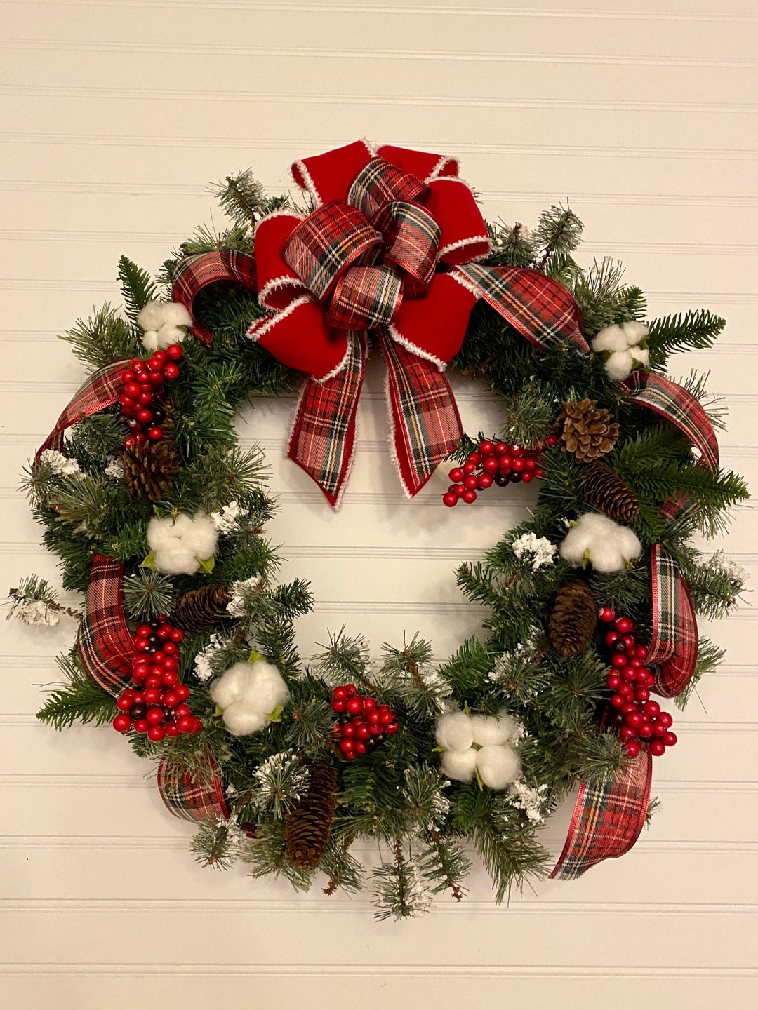 Farmhouse Christmas Wreath, Cotton and Red Berries, Tartan Plaid Bow ...
