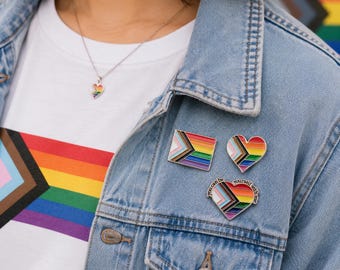 Progress Pride Pin Set – 3pcs Metal Pins – Progress Flag, Love, Peace – LGBTQ Enamel Pins for Pride Month – Heavy Duty Pin Pack