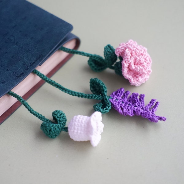 Lily of the Valley, Carnation, Lavender, and Flower Crochet Bookmark, Elegant Bookmark for Book Worms, Flower Bookmark, Vintage Flower Gift