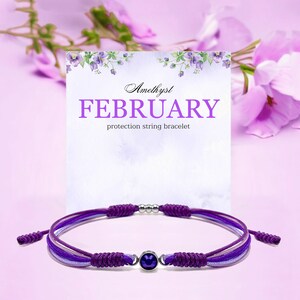 May include: Purple amethyst protection string bracelet with a silver bead accent. The bracelet is on a white background with the text "Amethyst FEBRUARY protection string bracelet".