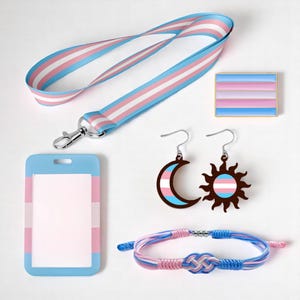Ensemble d'accessoires de fierté transgenre, tour de cou 5 en 1, épingle, bracelet, boucle d'oreille, porte-cartes, drapeau infini transgenre, bracelet de fierté
