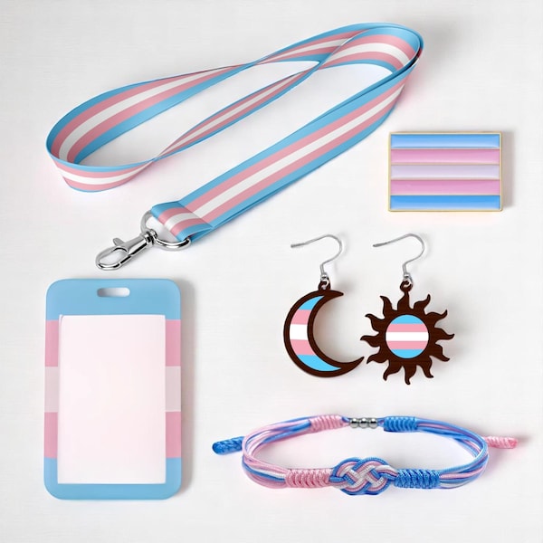 Transgender Pride Accessoarset, 5-i-1 Snodd, Nål, Armband, Örhängeskorthållare, Transgender Infinity Stuff Flagga, Pride Armband