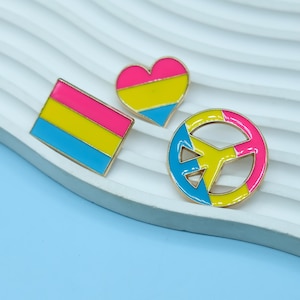 Pansexual Pride Pin Set – 3pcs Metal Pins for Pride Month – Pans Flag, Love, Peace Symbol – Heavy Duty LGBTQ Enamel Pins