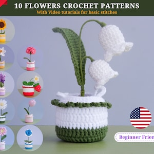 May include: Ten crochet flower patterns with video tutorials for basic stitches. The patterns include a sunflower, a daisy, a hyacinth, a strawberry, a lily of the valley, a rose, a carnation, a bluebell, a forget-me-not, and a pansy. Beginner friendly.