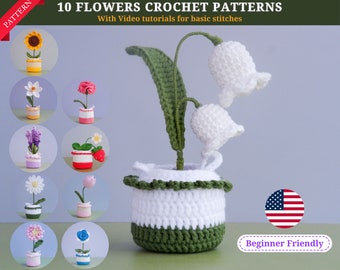 10 Crochet Flower Patterns with Video Tutorials for Essentials Stitches, PDF Pattern Instant Download, Amigurumi Patterns for Beginners