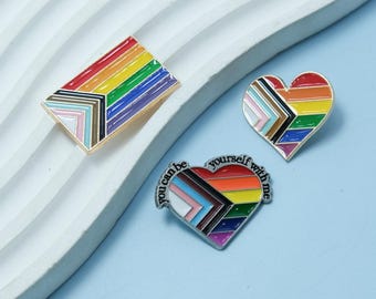 Progress Pride Pin Set – 3pcs Metal Pins – Progress Flag, Love, Peace – LGBTQ Enamel Pins for Pride Month – Heavy Duty Pin Pack
