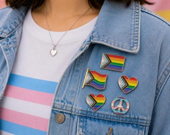 Progress Pride Pin Set – 4pcs Metal Pins – Progress Flag, Love, Peace – LGBTQ Enamel Pins for Pride Month – Heavy Duty Pin Pack