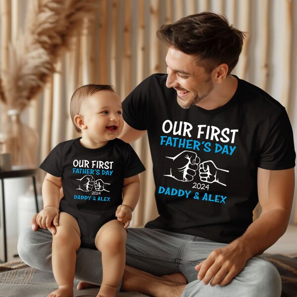 Our First Father's Day Matching Shirt And Bodysuit With Custom Names For Dad And Baby PNG, Digital