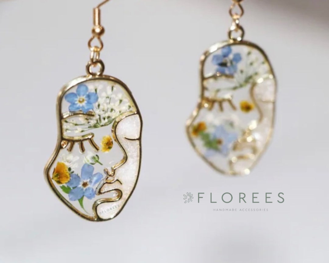 Abstract Forget-me-nots Face Gold plated Earrings handmade with pressed flowers