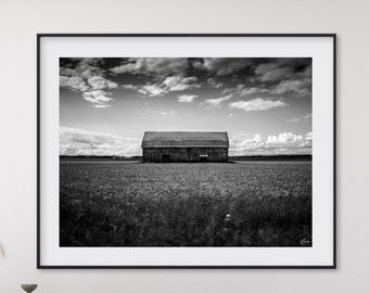 Landscape Fine Art Photography Print - Old Barn Wall Art - Grunge Black and White Picture - Minimalist Home Décor - Living Room Decoration