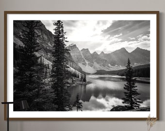 Lake Moraine Photo Print, Banff Black and White Wall Art, Mountain, Lake Painting, Canada Travel Prints, Banff Gift, Home Office Wall Decor
