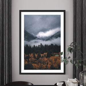 May include: A framed photograph of a mountain range with a layer of fog covering the peaks. The trees in the foreground are a mix of green and orange.