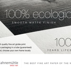 May include: A white sheet of paper with black text that reads "100% ecologic" and "SMOOTH MATTE FINISH". Below the text is a black and white image of a rooster with the text "Hahnem&uuml;hle SINCE 1584" and "THE BEST FINE ART PAPER OF THE WORLD".