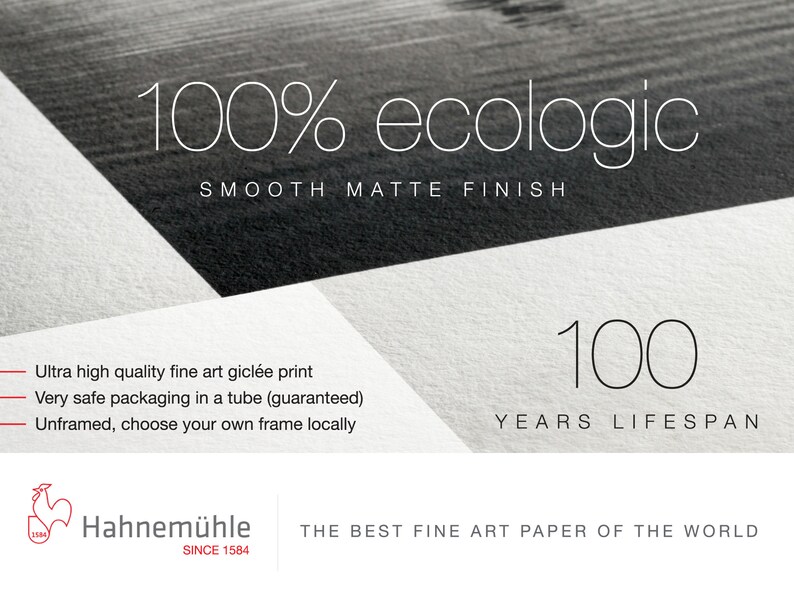 May include: A white sheet of paper with black text that reads "100% ecologic" and "SMOOTH MATTE FINISH". Below the text is a black and white image of a rooster with the text "Hahnem&uuml;hle SINCE 1584" and "THE BEST FINE ART PAPER OF THE WORLD".