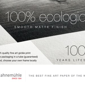 May include: A white sheet of paper with black text that reads "100% ecologic" and "SMOOTH MATTE FINISH". Below the text is a black and white image of a rooster with the text "Hahnem&uuml;hle SINCE 1584" and "THE BEST FINE ART PAPER OF THE WORLD".
