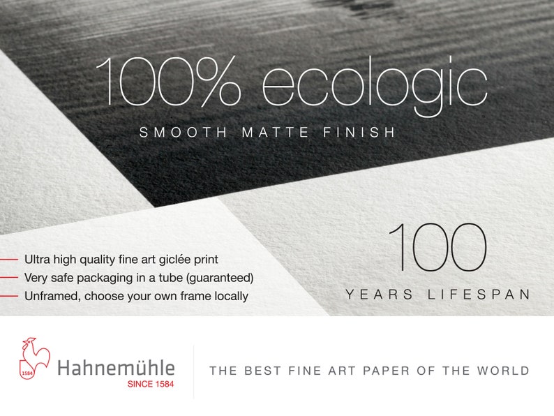 May include: A white sheet of paper with black text that reads "100% ecologic" and "SMOOTH MATTE FINISH". Below the text is a black and white image of a rooster with the text "Hahnem&uuml;hle SINCE 1584" and "THE BEST FINE ART PAPER OF THE WORLD".