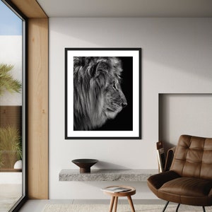 May include: Black and white photograph of a lion's head in profile, against a dark background.