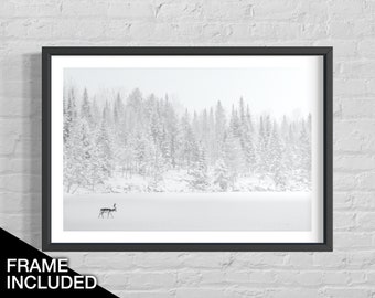 Impression encadrée minimaliste, photo noir et blanc de cerf, impression d'animal sauvage, art mural forêt grande taille, cadre unique, décoration murale animalier, cadeaux