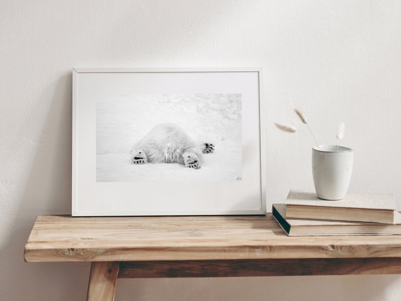 May include: A black and white photograph of a polar bear lying on its back in the snow. The bear's paws are outstretched and its fur is fluffy.