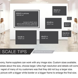 May include: A guide to sizing artwork for framing, with examples of different sizes in inches and centimeters. The text reads "Size Scale Tips" and "Do not worry, frame suppliers can work with any image size. Custom sizes available. If you hesitate about the size, choose larger. Ultra high resolution and details will come to life. The only regret of many of my customers was that they did not buy a larger size. Frame a picture with a bigger white border or a bigger frame to enlarge the final size."