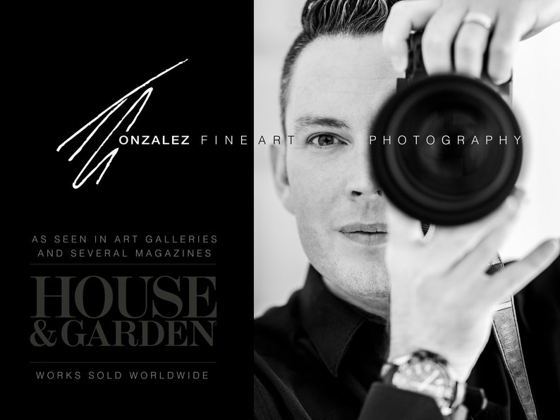 May include: Black and white photo of a photographer holding a camera up to their face. The text "ONZALEZ FINE ART PHOTOGRAPHY" is visible in the image. The text "AS SEEN IN ART GALLERIES AND SEVERAL MAGAZINES" is also visible. The text "HOUSE & GARDEN" is visible in large bold letters. The text "WORKS SOLD WORLDWIDE" is visible at the bottom of the image.