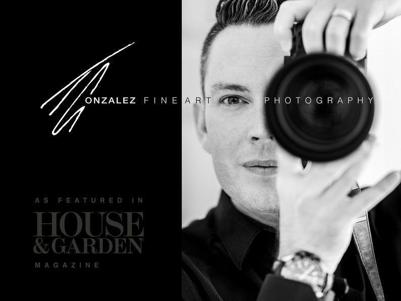 May include: Black and white photo of a photographer holding a camera up to their face. The text "GONZALEZ FINE ART PHOTOGRAPHY" is visible in the background. The text "AS FEATURED IN HOUSE & GARDEN MAGAZINE" is also visible in the background.