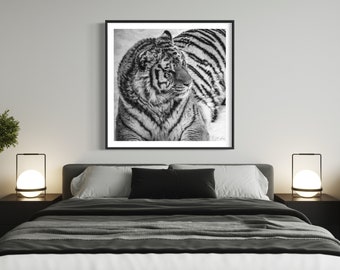 Impresión artística fotográfica de tigre salvaje / Arte mural de animales en blanco y negro / Listo para enmarcar
