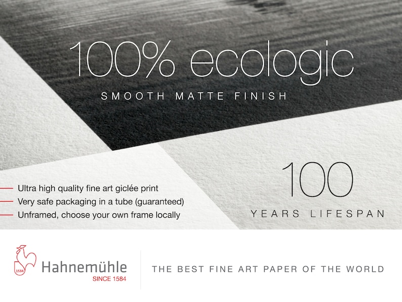 May include: A white sheet of paper with black text that reads "100% ecologic" and "SMOOTH MATTE FINISH". Below the text is a black and white image of a rooster with the text "Hahnem&uuml;hle SINCE 1584" and "THE BEST FINE ART PAPER OF THE WORLD".