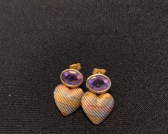Amethyst Tri Color Gold Heart drop earrings