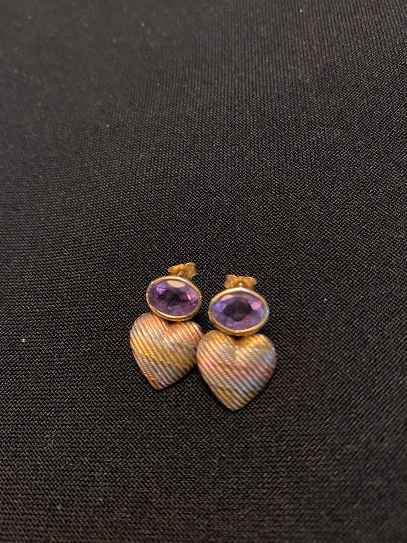 Amethyst Tri Color Gold Heart drop earrings