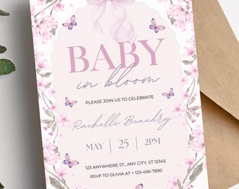 Baby in Bloom Baby Shower Invitation Template - Editable Pink Bow Floral Baby Shower Invite, Butterfly Girl Baby Shower Invites Digital