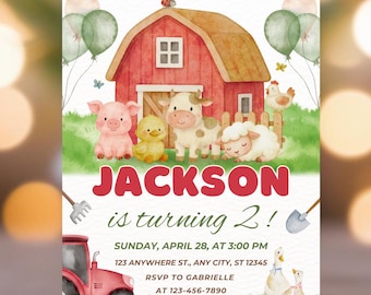 Editable Farm Birthday Invitation Template, Boys Barnyard Birthday Invite, Printable Barn Animals Birthday Invites, Digital Download