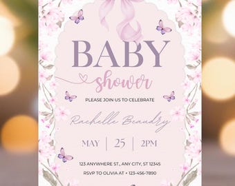 Editable Bow Baby Shower Invitation Template - Pink Flower Baby Shower Party Girl Invite - Floral Baby Brunch Invites Digital Template