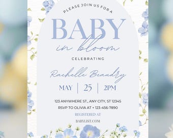 Blue Baby in Bloom Baby Shower Invitation Template - Editable Wildflowers Baby Shower Party Invite - Blue Floral Baby Invites Digital