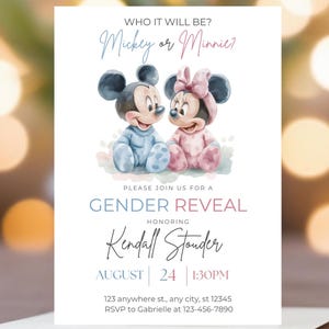 Invitation Mickey et Minnie Mouse modifiable pour révéler le sexe de votre enfant – Invitation surprise rose ou bleue pour révéler le sexe de votre enfant – Modèle de carte numérique humoristique