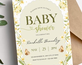 Editable Floral Baby Shower Invitation Template - Brunch Wildflowers Baby Shower Invite - Butterfly Digital Template Invitations