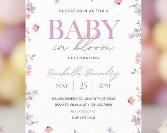 Baby in Bloom Baby Shower Invitation Template - Editable Wildflowers Baby Shower Party Girl Invite - Floral Baby Brunch Invites Digital