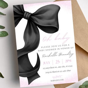 Oh Baby Black Ribbon Baby Shower Invitation Template - Coquette Bow Baby Shower Pink Invite Printable - Editable Baby Party Template Card