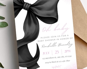 Oh Baby Black Ribbon Baby Shower Invitation Template - Coquette Bow Baby Shower Pink Invite Printable - Editable Baby Party Template Card