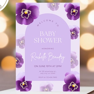 Printable Floral Baby Shower Invitation - Editable Flowers Invite Template Canva - Purple Pansy Party Invite Card Instant Download
