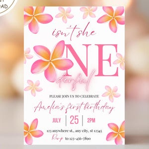 Modelo de convite de aniversário floral Onederful - Convite editável de primeiro aniversário de plumeria - Convite digital para festa de 1º aniversário com flores
