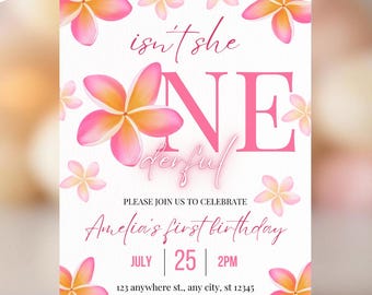 Plantilla de invitación de cumpleaños floral encantadora - Invitación editable para el primer cumpleaños con plumeria - Invitación digital para el primer cumpleaños con flores